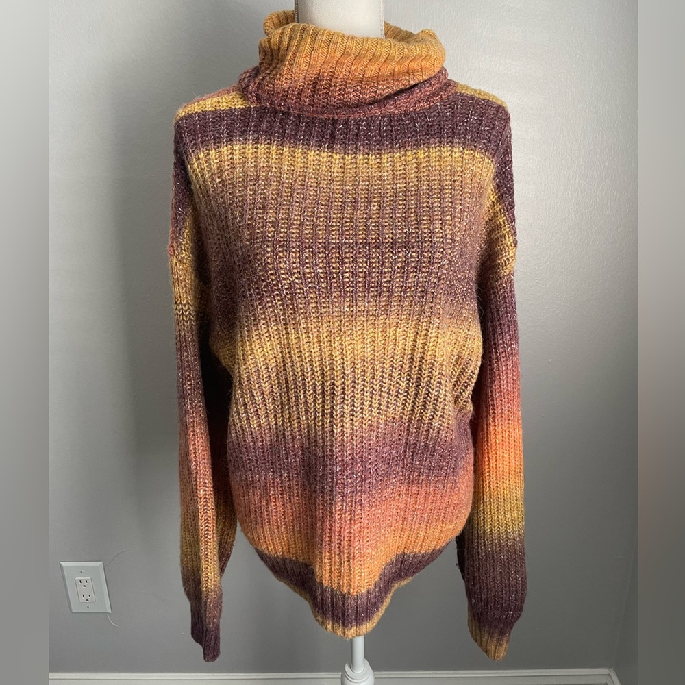 Oversized Chunky Wool Blend Knit Turtleneck Sweater Fall Colors Ombré